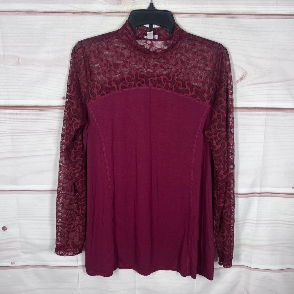 LOGO Layers Top Womens M Burgundy Mock Neck Lace Long Sleeve Jersey Knit Blouse